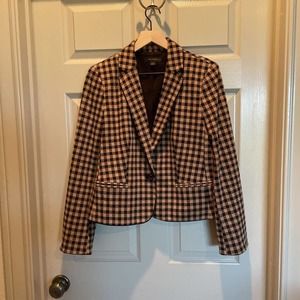 Ann Taylor Womens Blazer Jacket Brown Buffalo Plaid Buttons Pockets 10 New